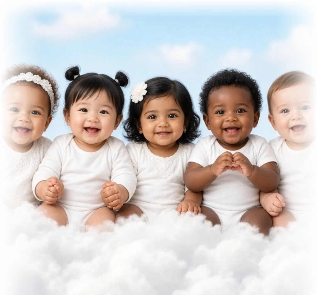 Cinq bébés souriants assis sur un nuage
