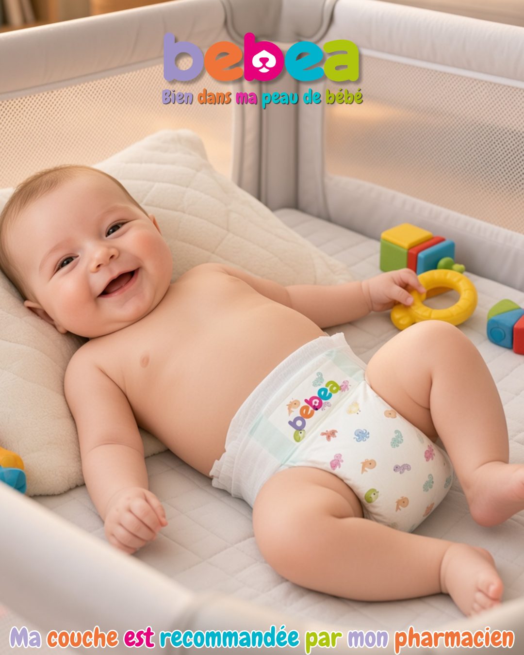 Bébé dans son lit avec une couche Bebea